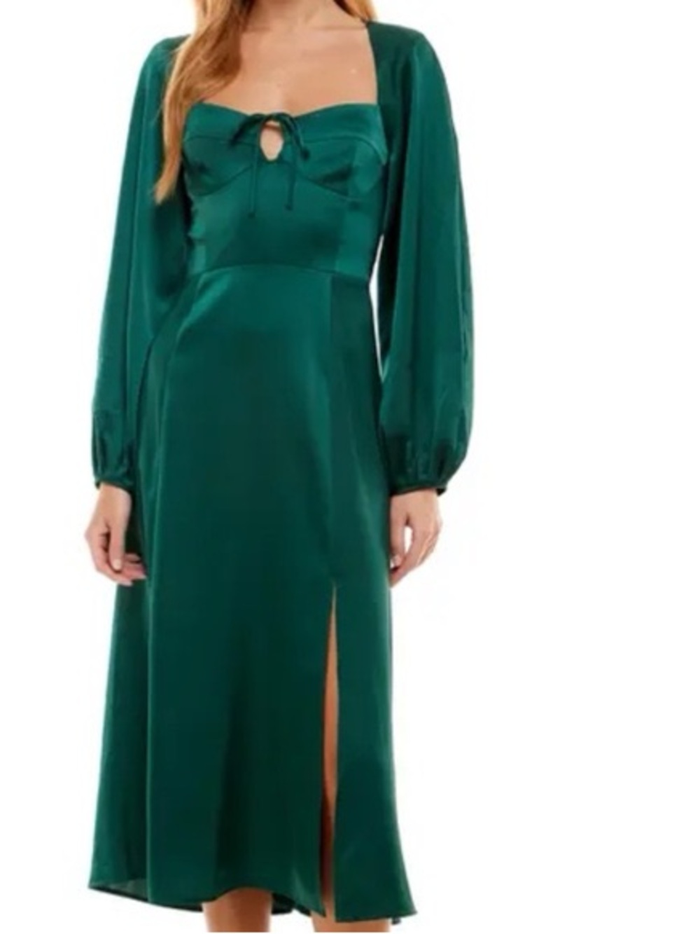 Wayf Emerald Green Satin Midi Dress with Bishop Sleeves